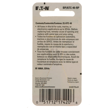 Eaton Bussmann BP/ATC-40-RP 40-Amp ATC Automotive Blade Fuses, 5-Pack, Orange Package Back