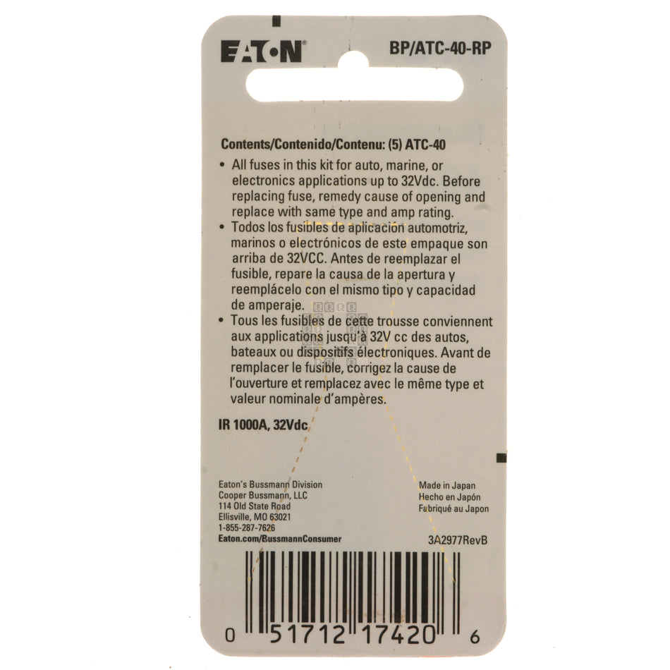 Eaton Bussmann BP/ATC-40-RP 40-Amp ATC Automotive Blade Fuses, 5-Pack, Orange Package Back