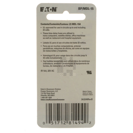 Eaton Bussmann BP/MDL-15 Time Delay Glass Fuse Package Back