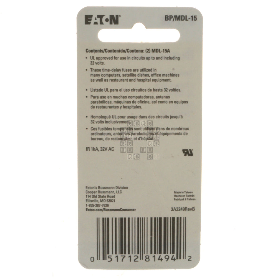 Eaton Bussmann BP/MDL-15 Time Delay Glass Fuse Package Back