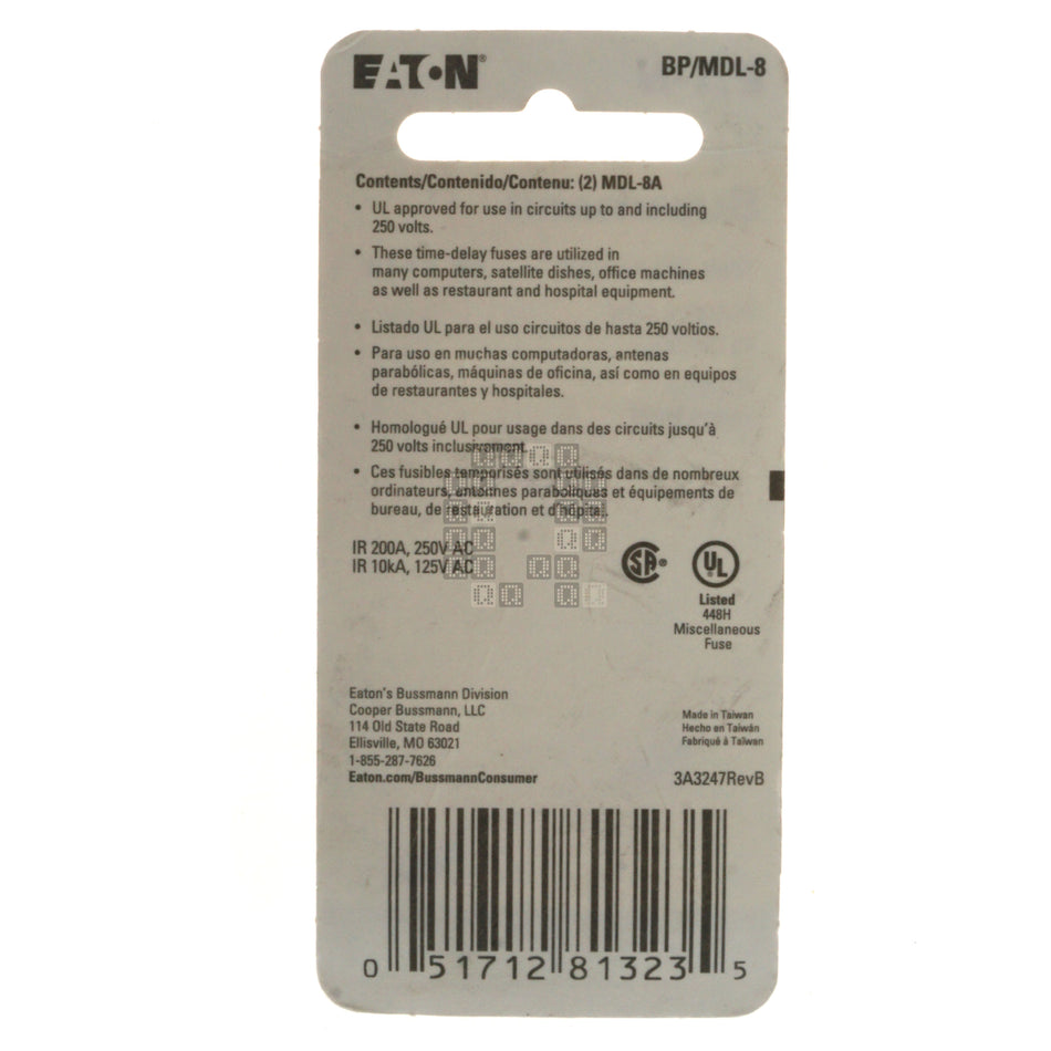 Eaton Bussmann BP/MDL-8 Time Delay Glass Fuse 2 Pack, 8 Amp, 250VAC