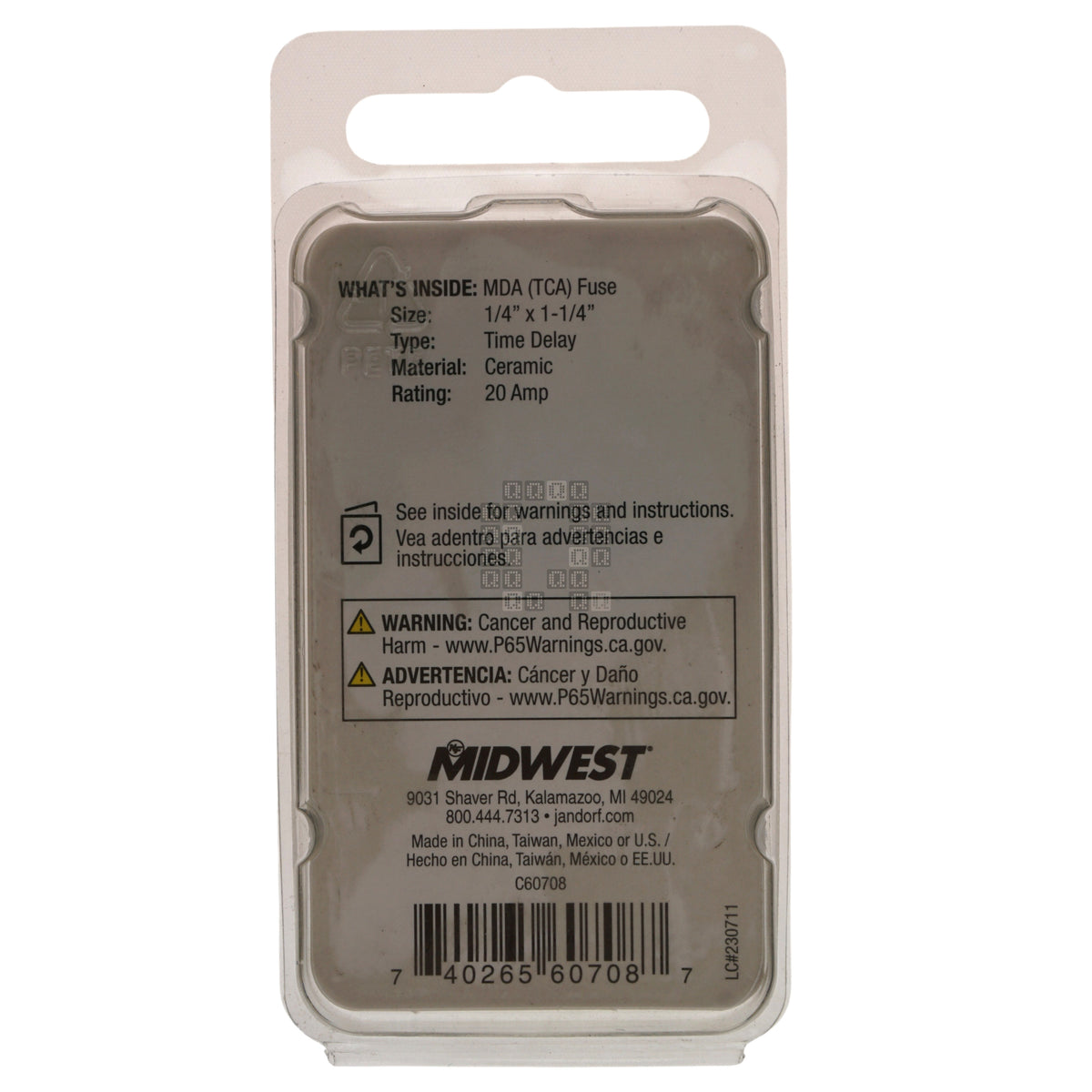 Jandorf C60708 Ceramic Body Slow Blow Time Delay Fuse, 20-Amp, 250VAC Package Back