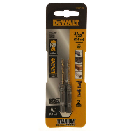 DeWALT DD5106 3/32" Impact Ready Drill Bit, TiN Coated, Pilot Point, 2-Pack, 1/4" Hex Quick Change Shank Package Front