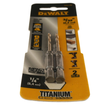 DeWALT DD5106 3/32" Impact Ready Drill Bit, TiN Coated, Pilot Point, 2-Pack, 1/4" Hex Quick Change Shank