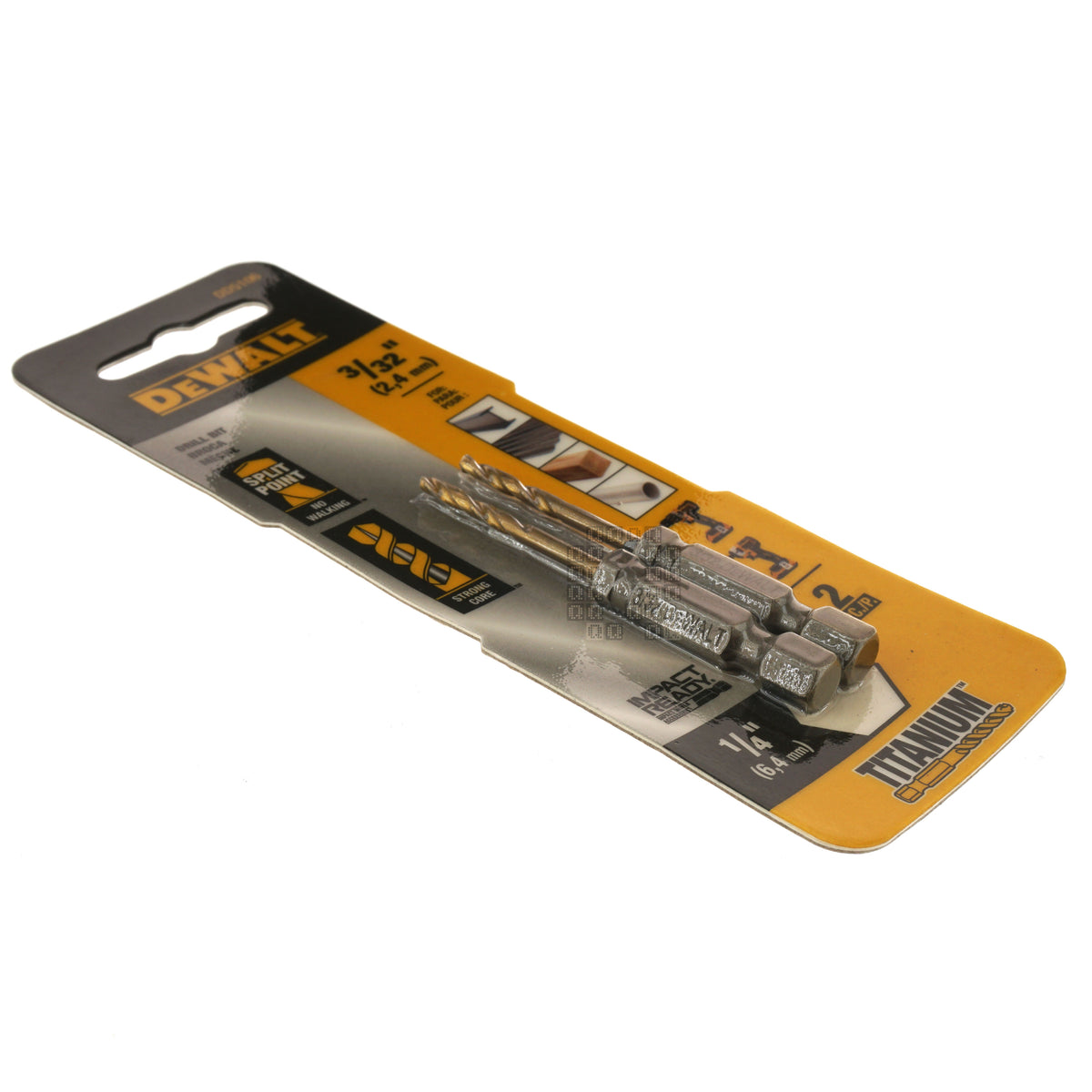 DeWALT DD5106 3/32" Impact Ready Drill Bit, TiN Coated, Pilot Point, 2-Pack, 1/4" Hex Quick Change Shank
