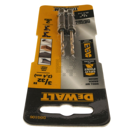 DeWALT DD5106 3/32" Impact Ready Drill Bit, TiN Coated, Pilot Point, 2-Pack, 1/4" Hex Quick Change Shank