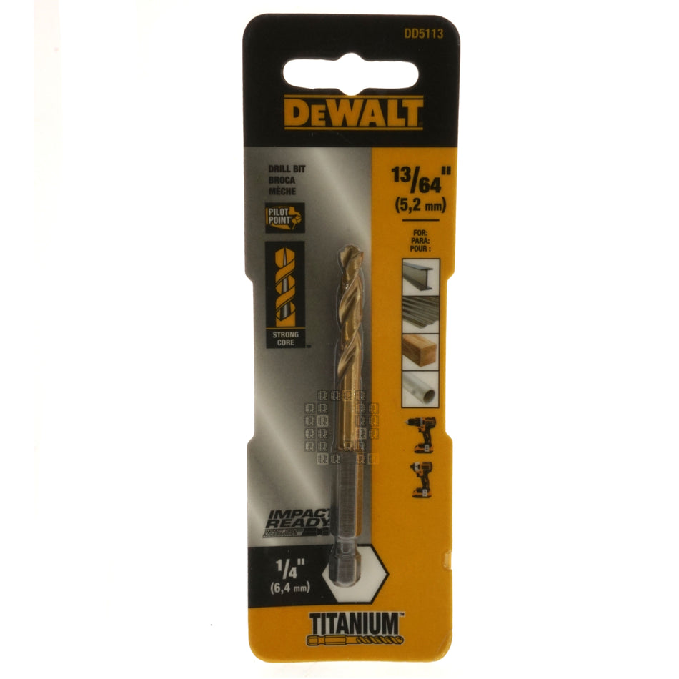 DeWALT Industrial Tools DD5113 13/64" Impact Ready Drill Bit, TiN Coated, Pilot Point, 1/4" Hex Quick Connect Shank