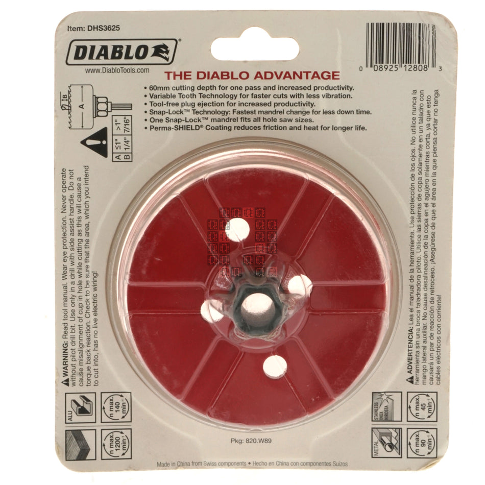 Diablo Tools DHS3625 Bi-Metal Hole Saw, 3-5/8" Diameter