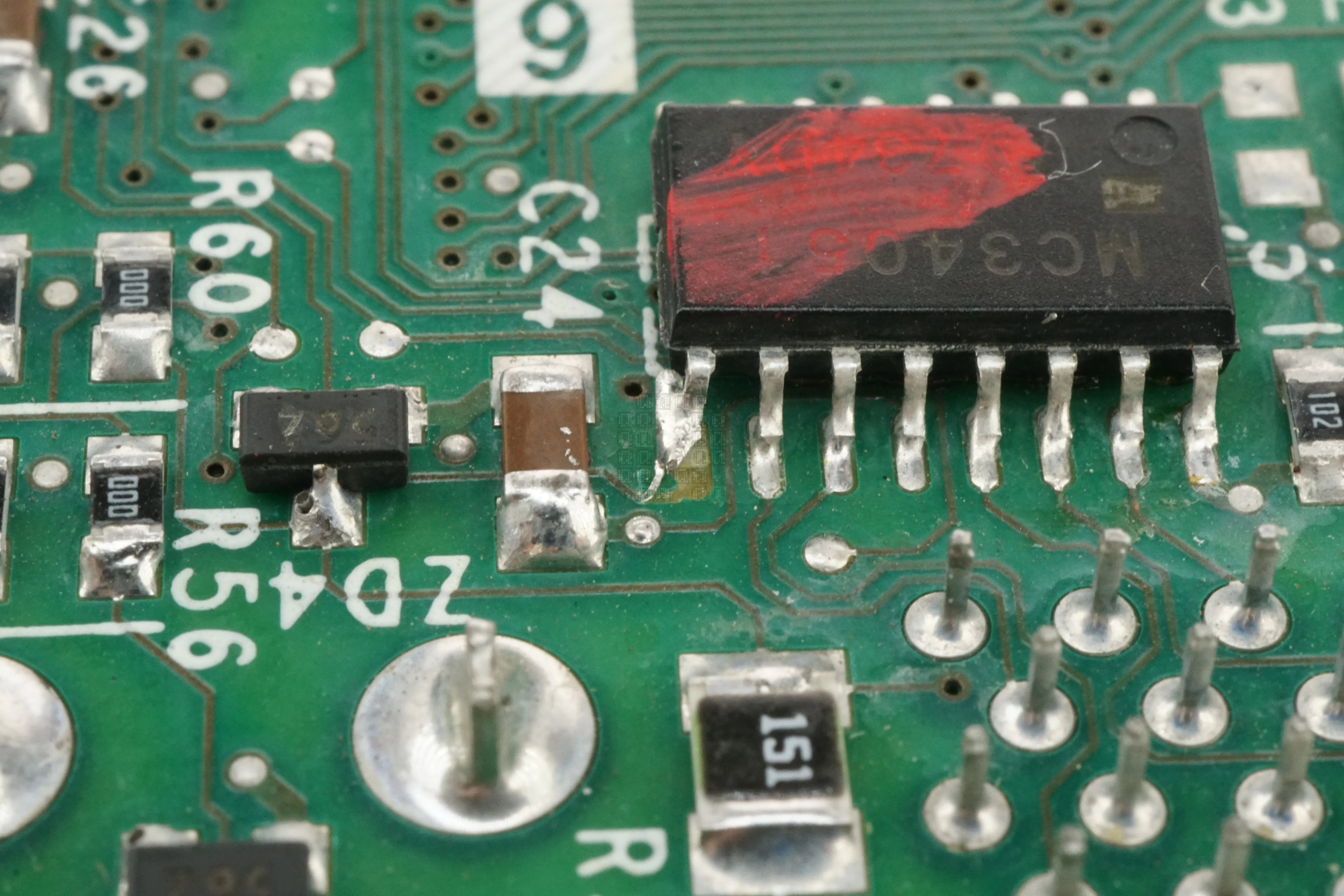 Mazak Mitsubishi QX722A Circuit Board Back MC34051 Transceiver incorrectly soldered with lifted trace on a Mitsubishi QX722A P-Bus Communications Circuit Board