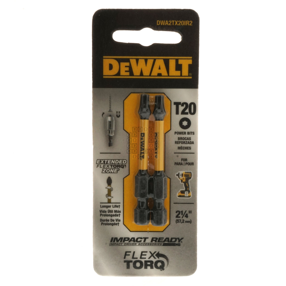 DeWALT Industrial Tool DWA2TX20IR2 T20 TORX Impact Ready Flex TORQ Power Bits, 2-1/4" Length Black Yellow Package Front