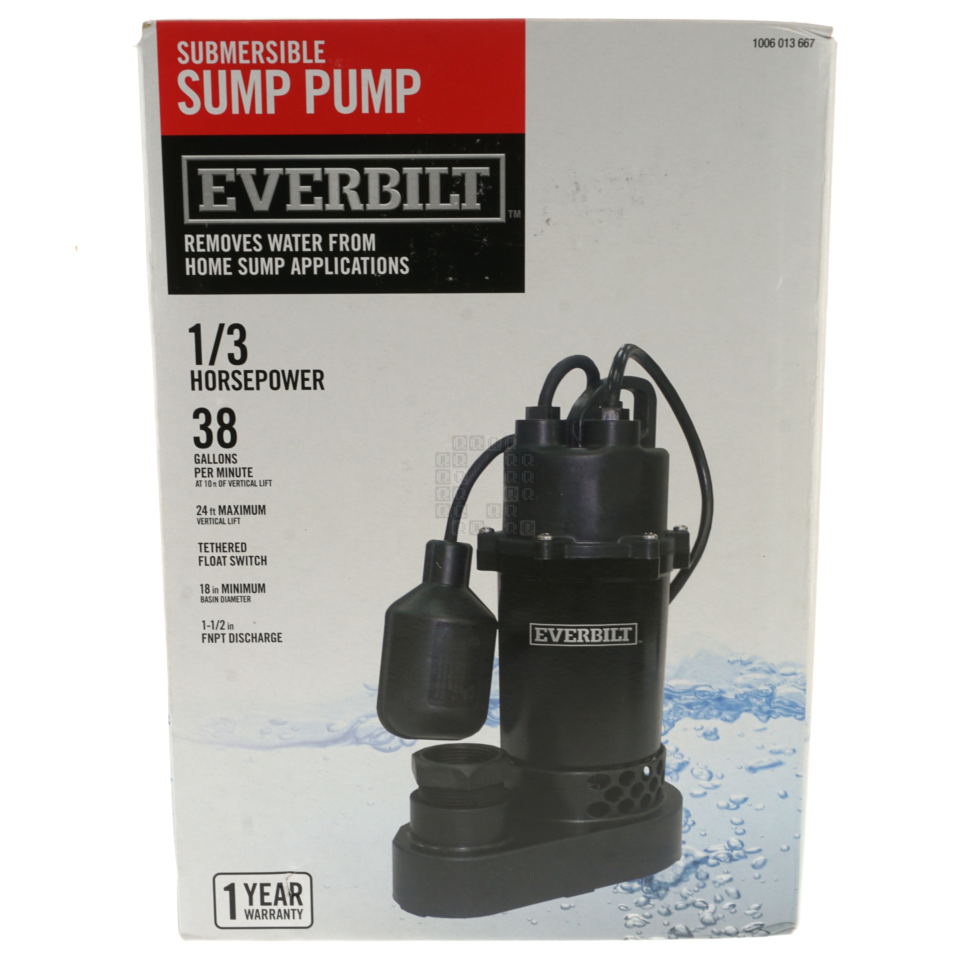Everbilt HDSP33W 1006013667 Submersible Sump Pump, 1/3HP 38GPM 115VAC Box Front