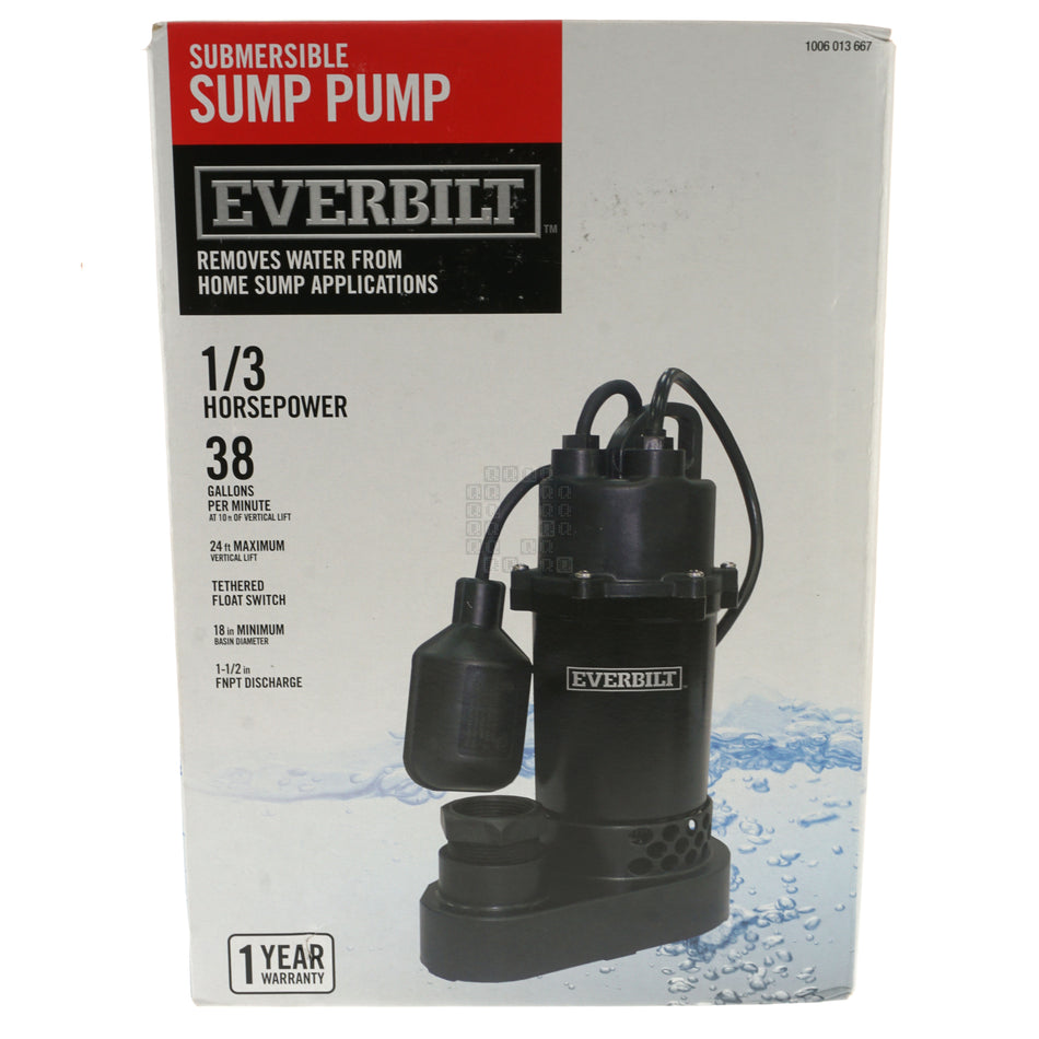 Everbilt HDSP33W 1006013667 Submersible Sump Pump, 1/3HP 38GPM 115VAC Box Front