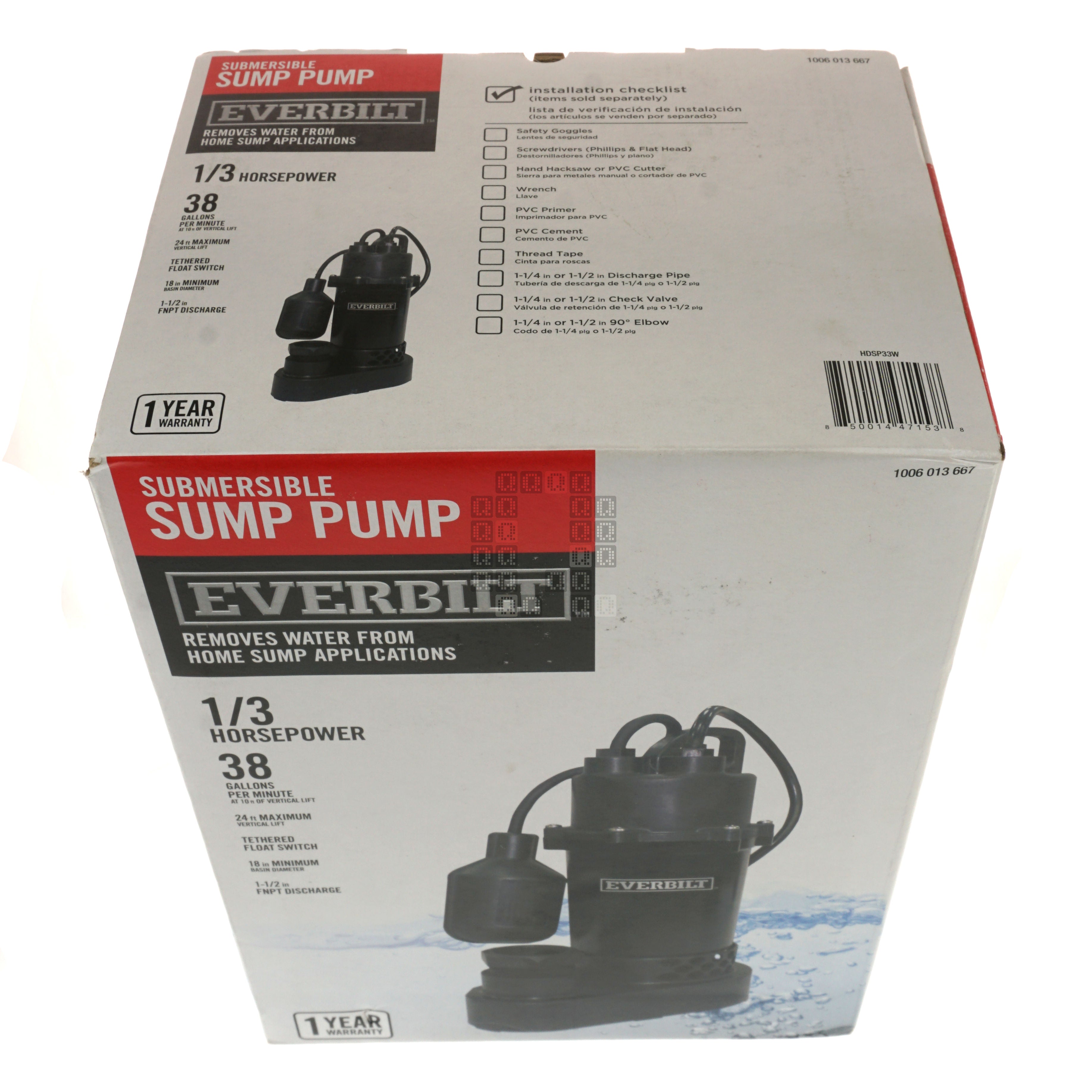 Everbilt HDSP33W 1006013667 Submersible Sump Pump, 1/3HP 38GPM 115VAC Box Top
