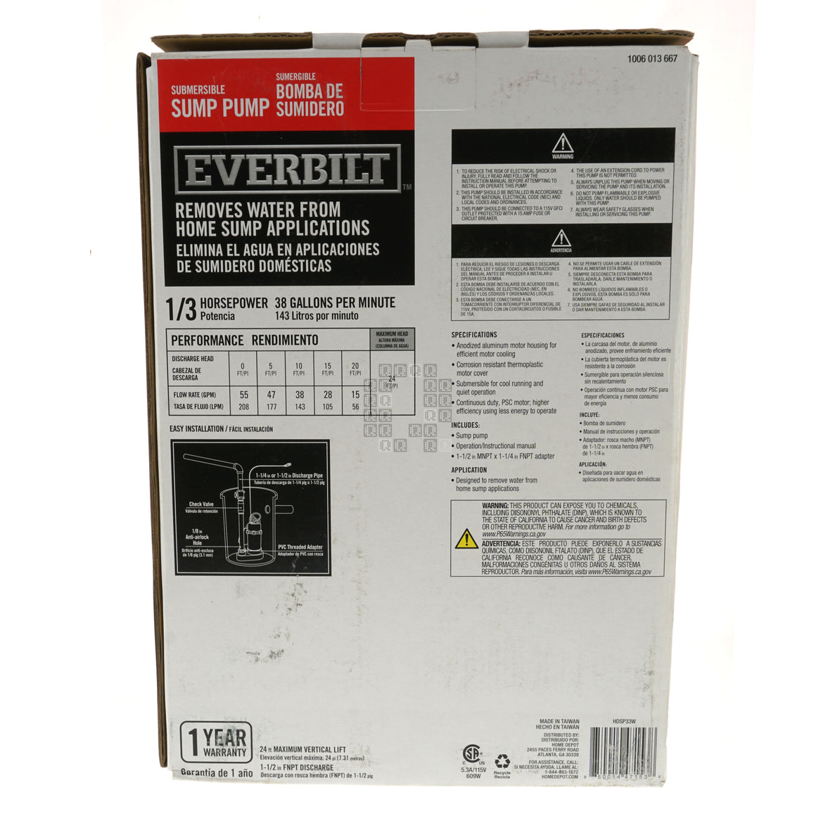 Everbilt HDSP33W 1006013667 Submersible Sump Pump, 1/3HP 38GPM 115VAC Box Back