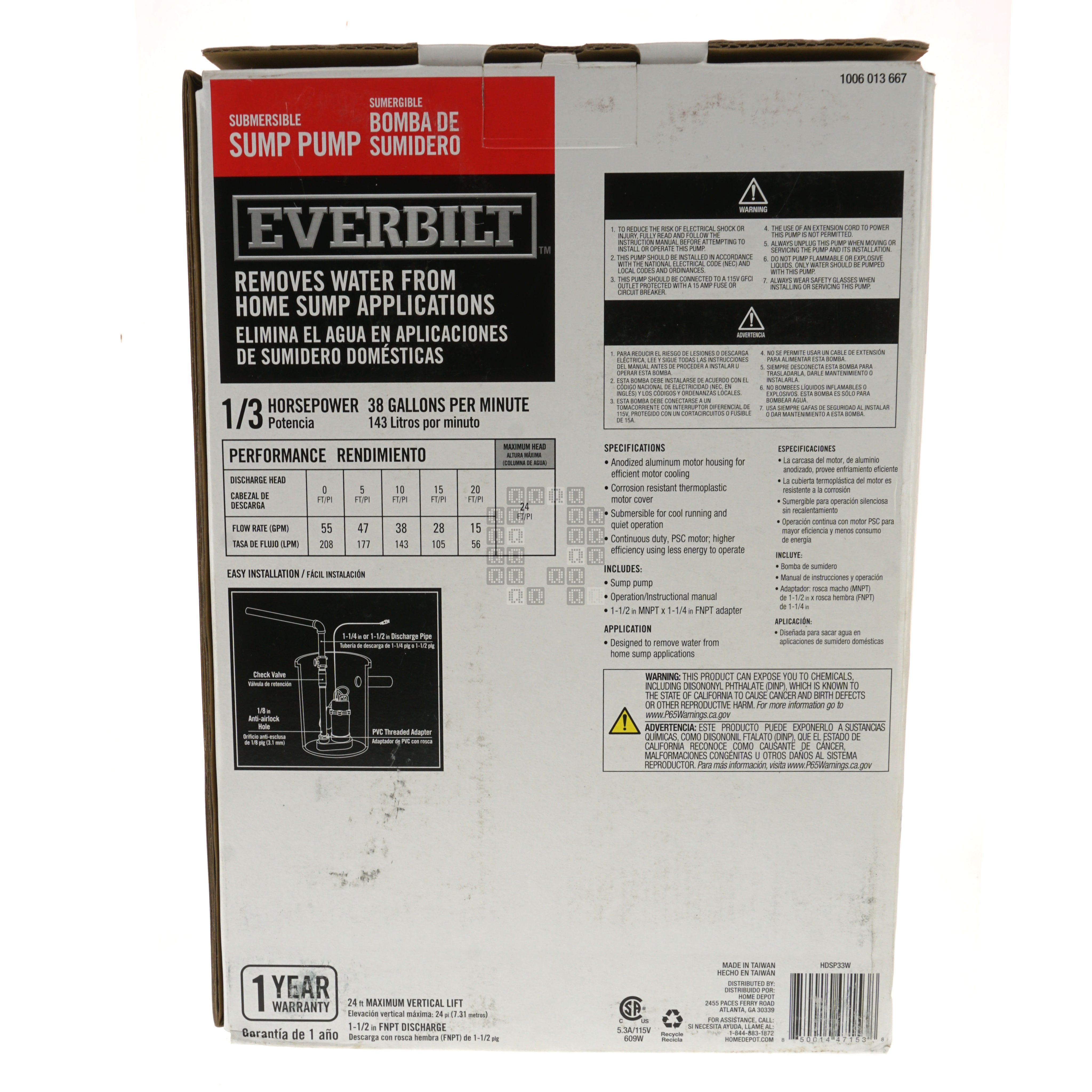 Everbilt HDSP33W 1006013667 Submersible Sump Pump, 1/3HP 38GPM 115VAC Box Back