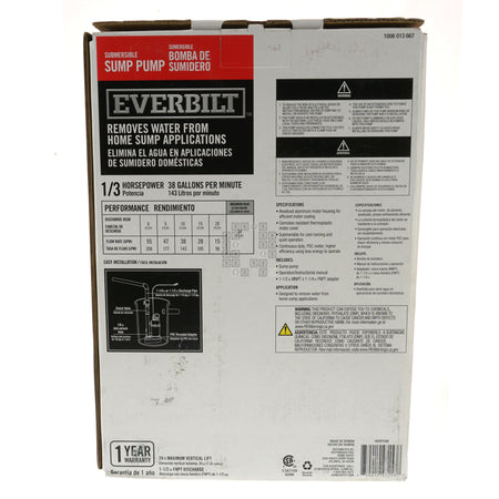 Everbilt HDSP33W 1006013667 Submersible Sump Pump, 1/3HP 38GPM 115VAC Box Back