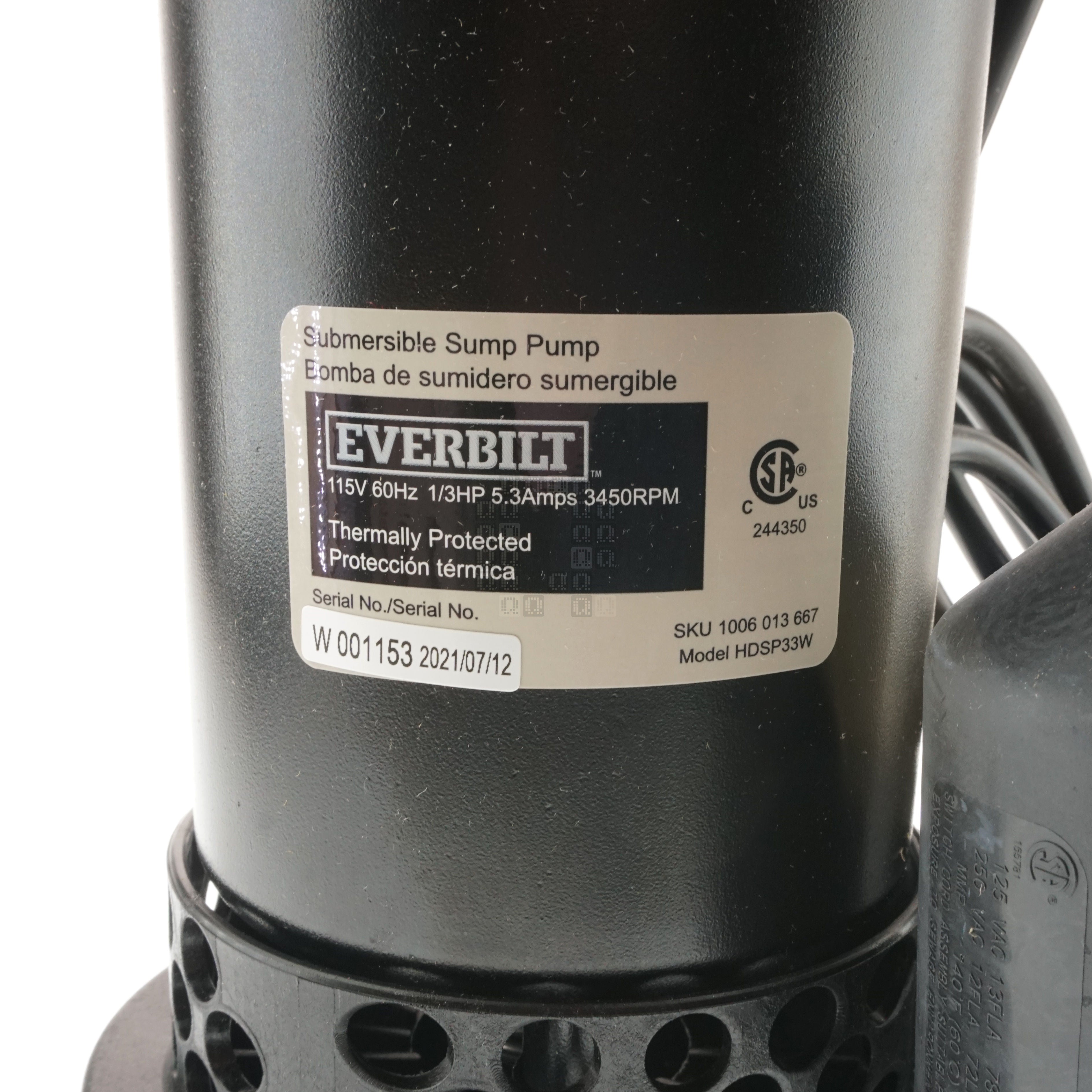 Everbilt HDSP33W 1006013667 Submersible Sump Pump, 1/3HP 38GPM 115VAC Label