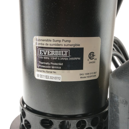 Everbilt HDSP33W 1006013667 Submersible Sump Pump, 1/3HP 38GPM 115VAC Label