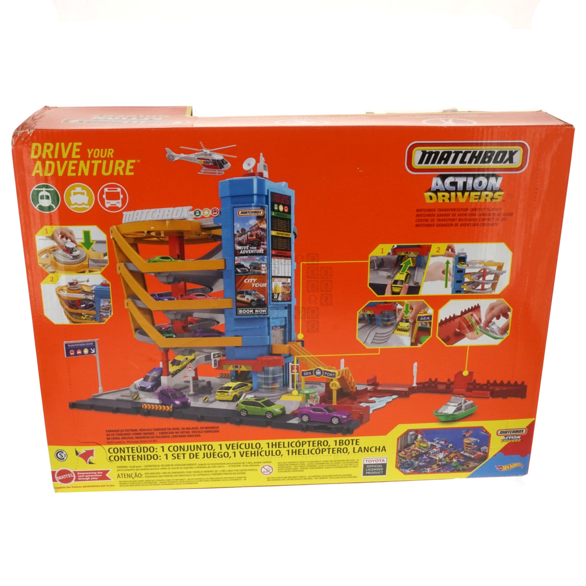 Matchbox Action Drivers Transportation Center With A 1:64 Scale Taxi, Boat & Helicopter Plus A Food Vendor Accessory (3 Vehicles, 1 Accessory) Package Back