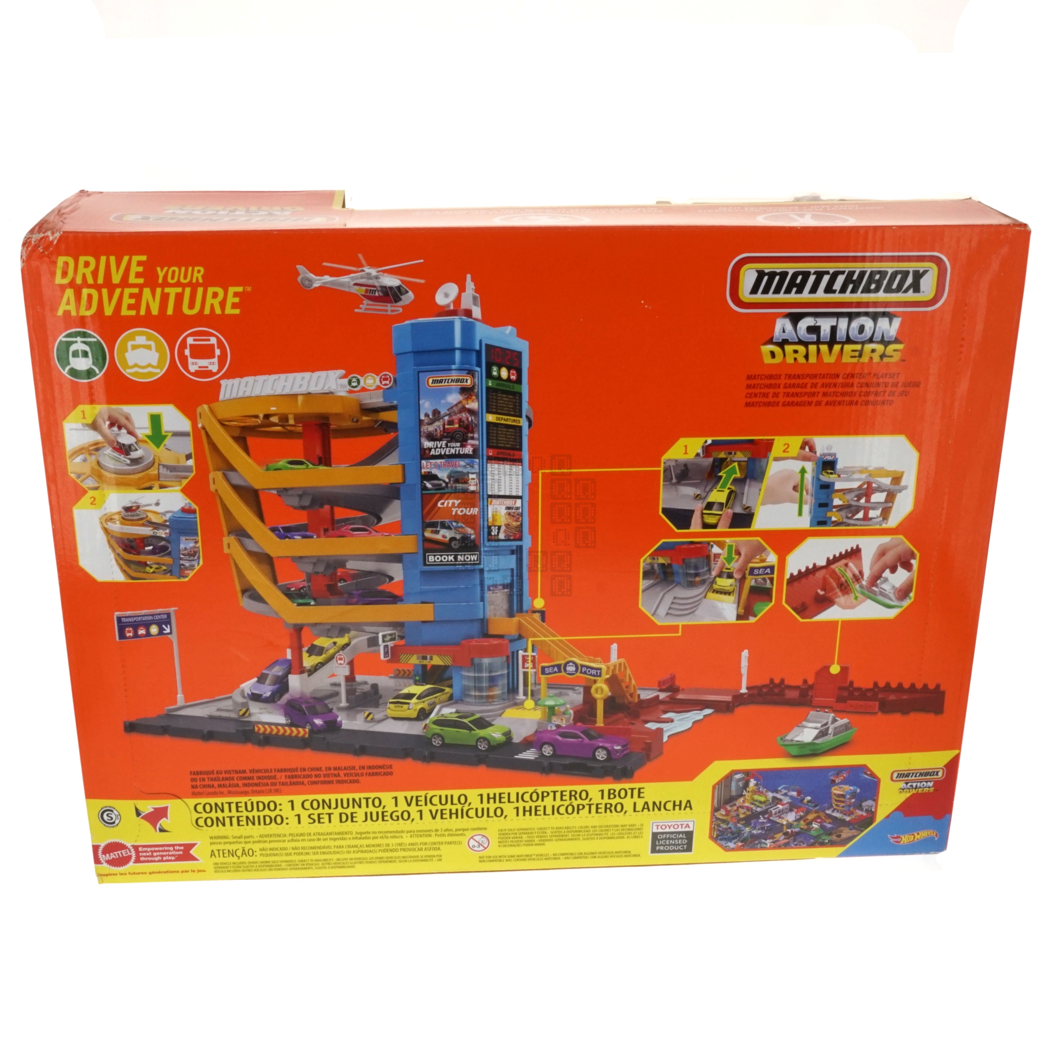 Matchbox Action Drivers Transportation Center With A 1:64 Scale Taxi, Boat & Helicopter Plus A Food Vendor Accessory (3 Vehicles, 1 Accessory) Package Back
