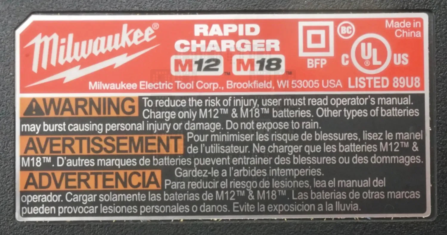 Milwaukee M18/M12 Rapid Charger Reverse Engineering Milwaukee 860323004 Rapid Charger Product ID Label