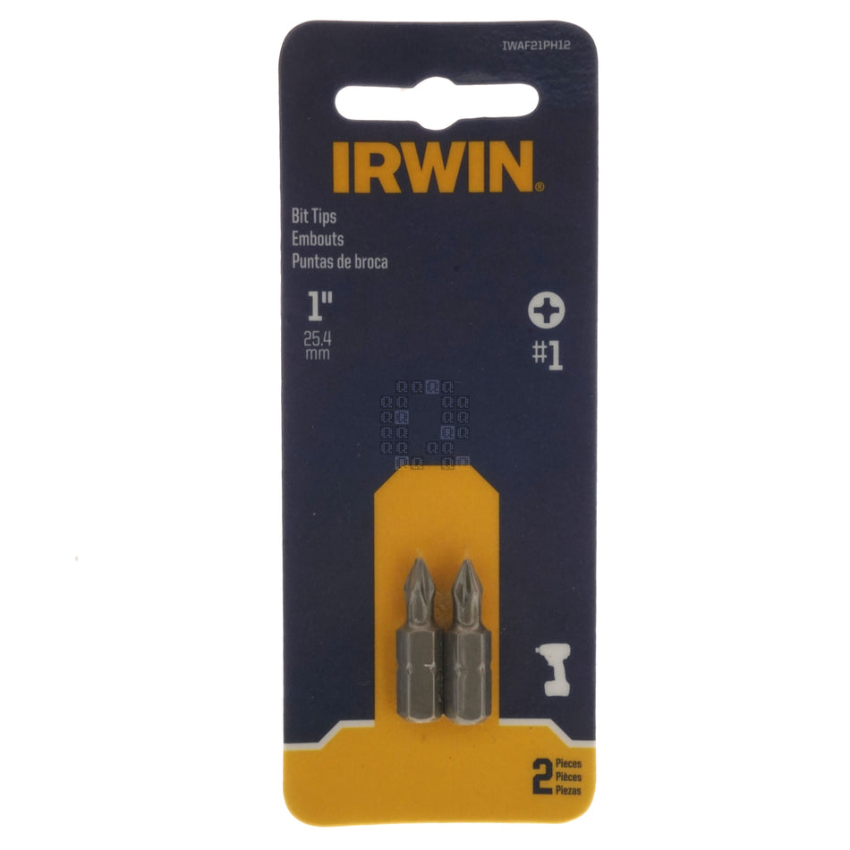 Irwin IWAF21PH12 #1 Phillips / PH1 Driver Bit Tips, 2-Pack, 1" Length Package Front