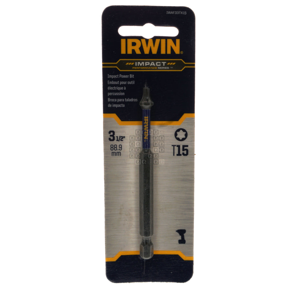 Irwin IWAF33TX15 T15 TORX Impact Performance Series Power Bit, 3-1/2" Length Package Front