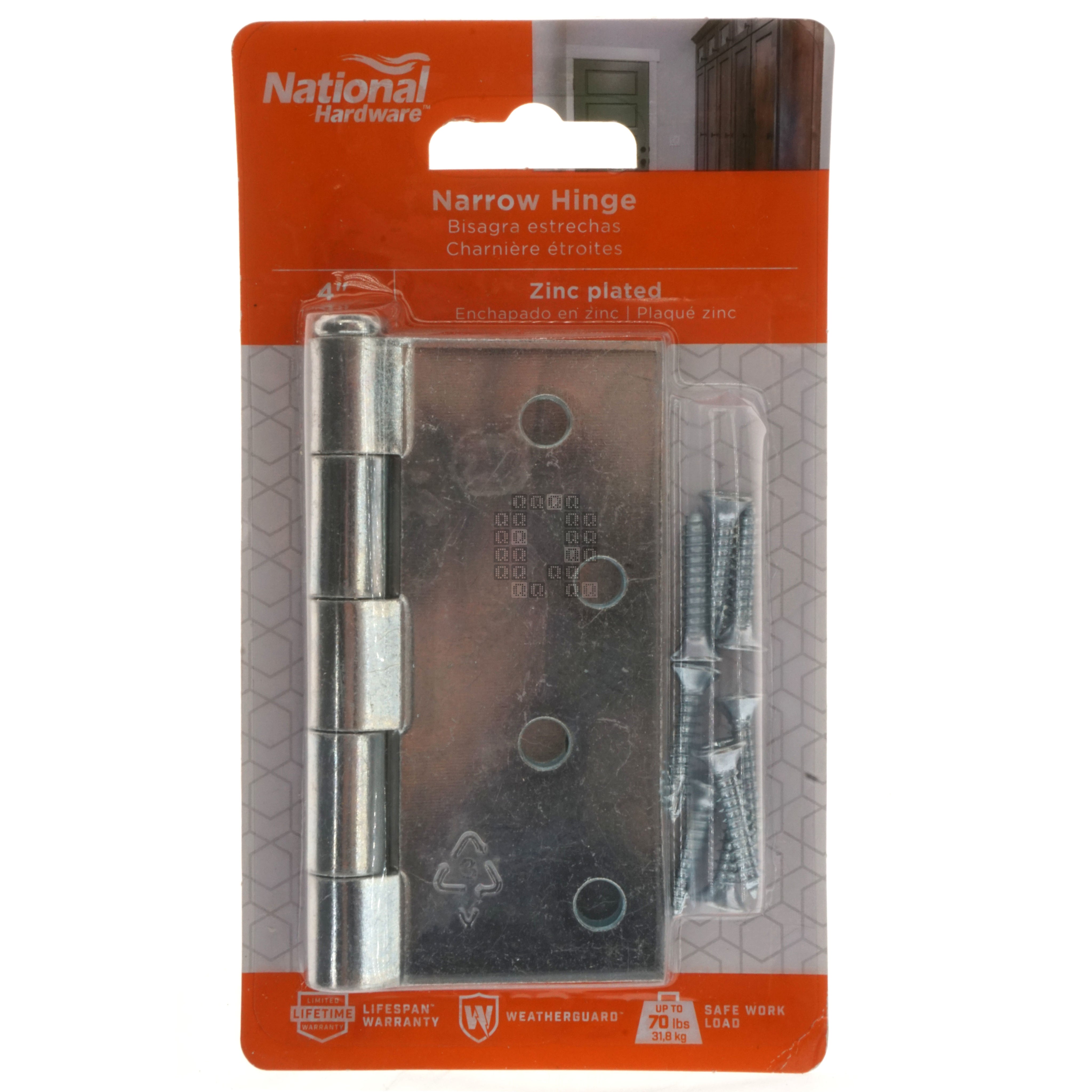 National Hardware N195-677 Outdoor 4" Narrow Hinge, Zinc Plated Steel Package Front