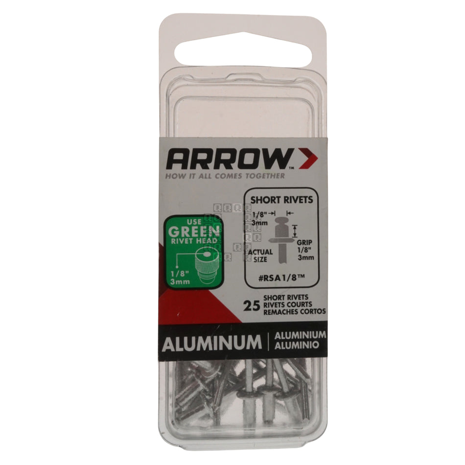 Arrow RSA1/8 1/8" Diameter x  1/8" Grip Short Aluminum Pop Rivet,  25-Pack
