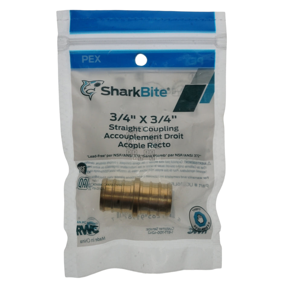 SharkBite UC016LFA 3/4" x 3/4" PEX Hose Barb Straight Coupling Adapter, Brass