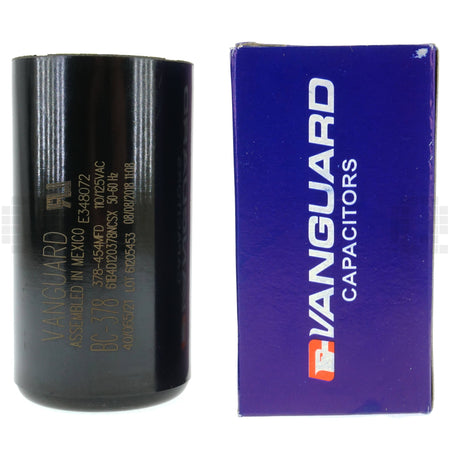 Vanguard BC-378 Electric Motor Black Start capacitor with Vanguard Capacitors branding next to its packaging box on a white background