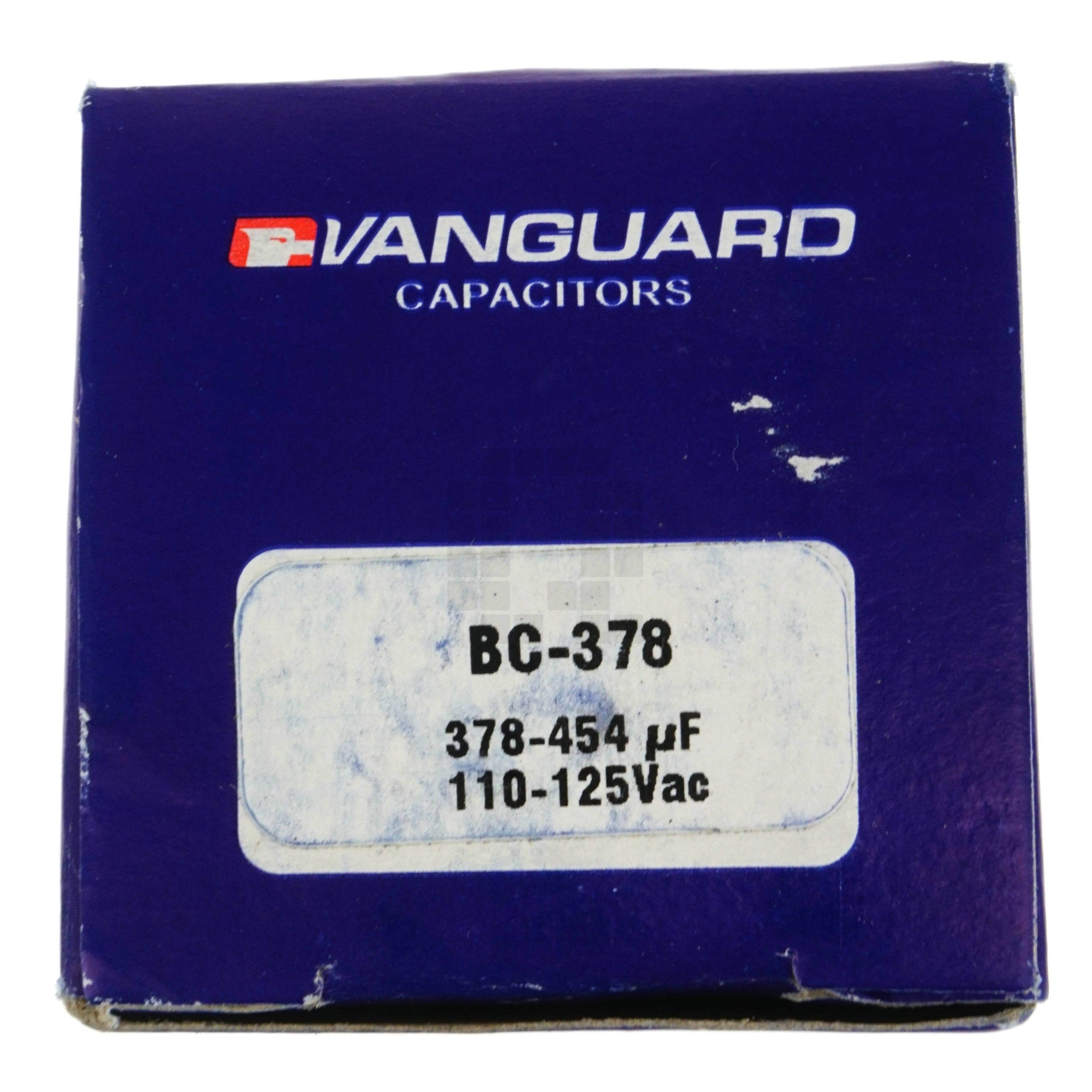 Vanguard BC-378 Black Cylindrical Electric Motor Start Capacitor Box Label