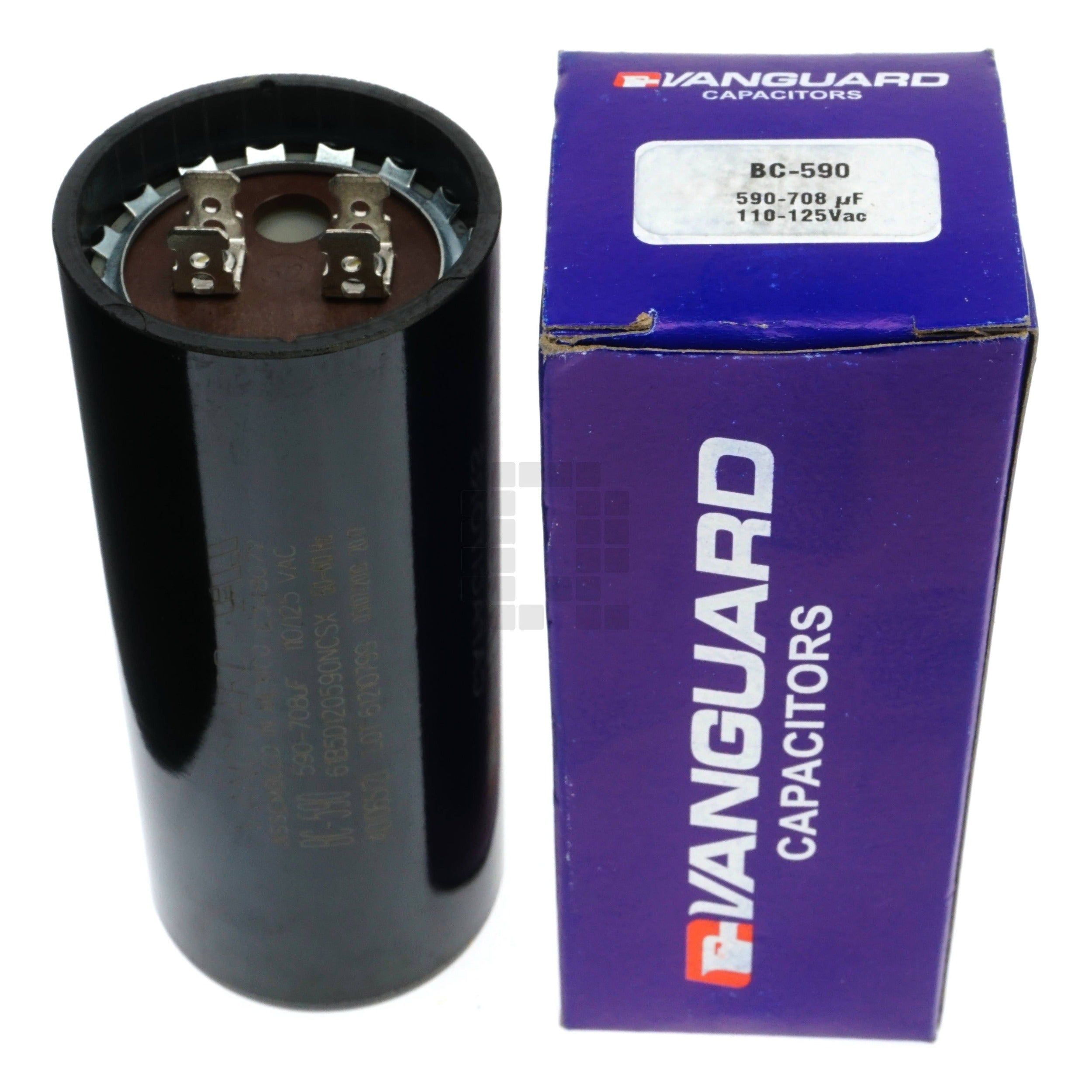 Vanguard BC-590 Black Cylindrical Electric Motor Start Capacitor next to blue packaging box