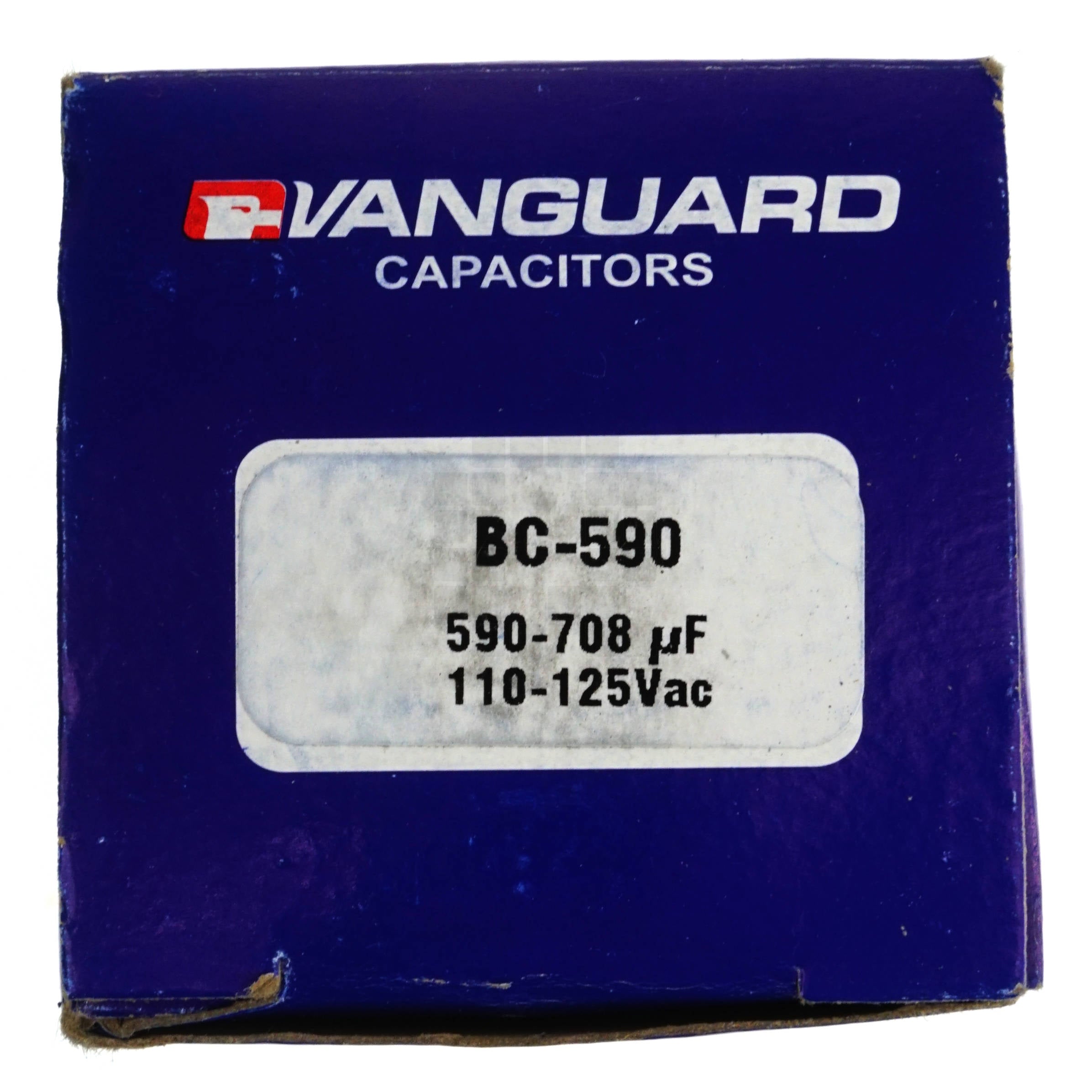 Vanguard BC-590 Black Cylindrical Electric Motor Start Capacitor Box label