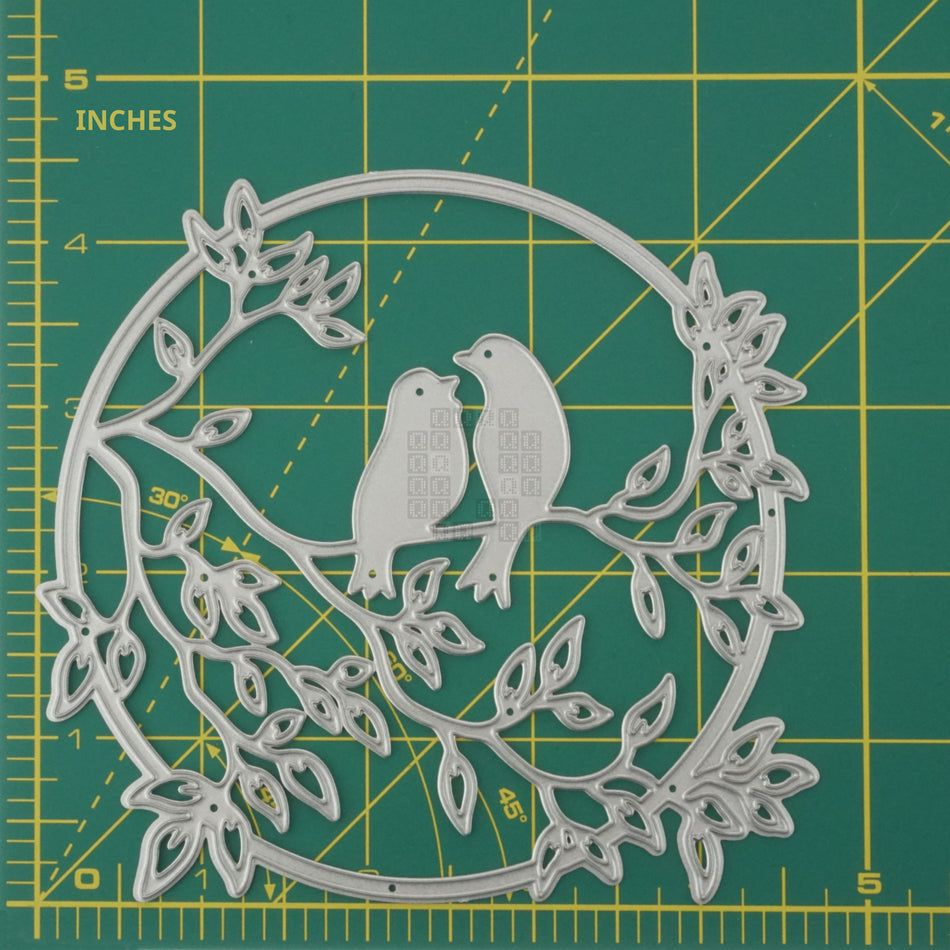 Love Birds on Leafy Branch in Circle Metal Cutting Die