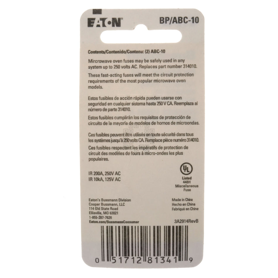 Eaton Bussmann BP/ABC-10 Fast Acting Ceramic Tube Fuse 2-Pack, 10 Amp, 250VAC