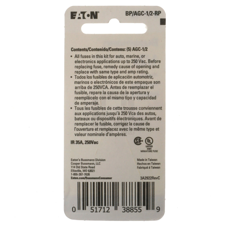 Eaton Bussmann BP/AGC-1/2-RP Fast Acting Glass Fuse 5 Pack, 1/2 Amp, 250VAC