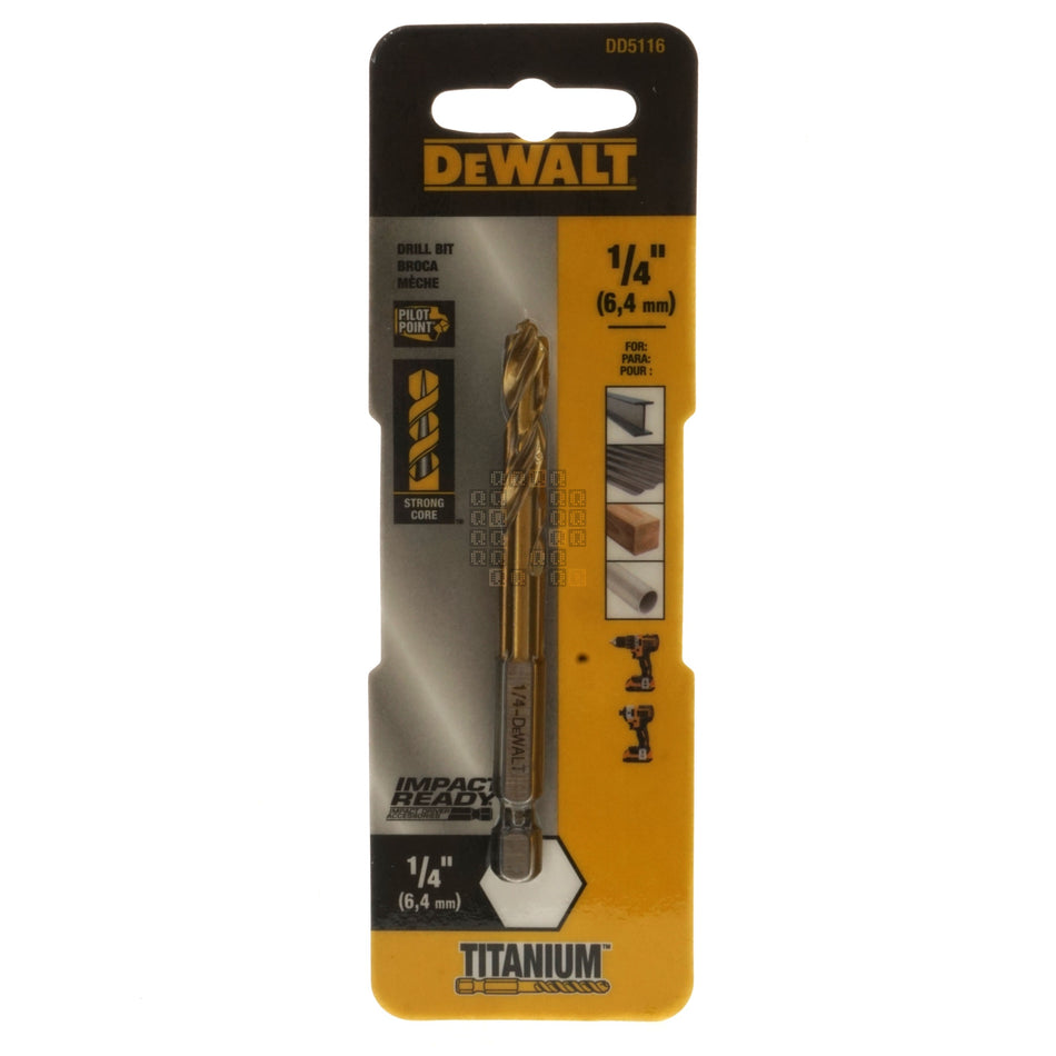 DeWALT DD5116 1/4" Impact Ready Drill Bit, TiN Coated, Pilot Point, 1/4" Hex Quick Change Shank