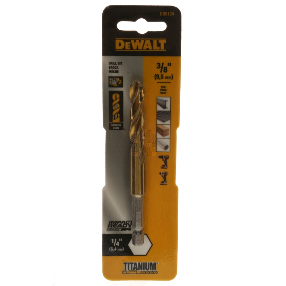 DeWALT DD5124 3/8" Impact Ready Drill Bit, TiN Coated, Pilot Point, 1/4" Hex Quick Change Shank