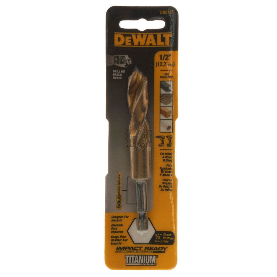 DeWALT DD5132 1/2" Impact Ready Drill Bit, TiN Coated, Pilot Point 1/4" Hex Quick Change Shank