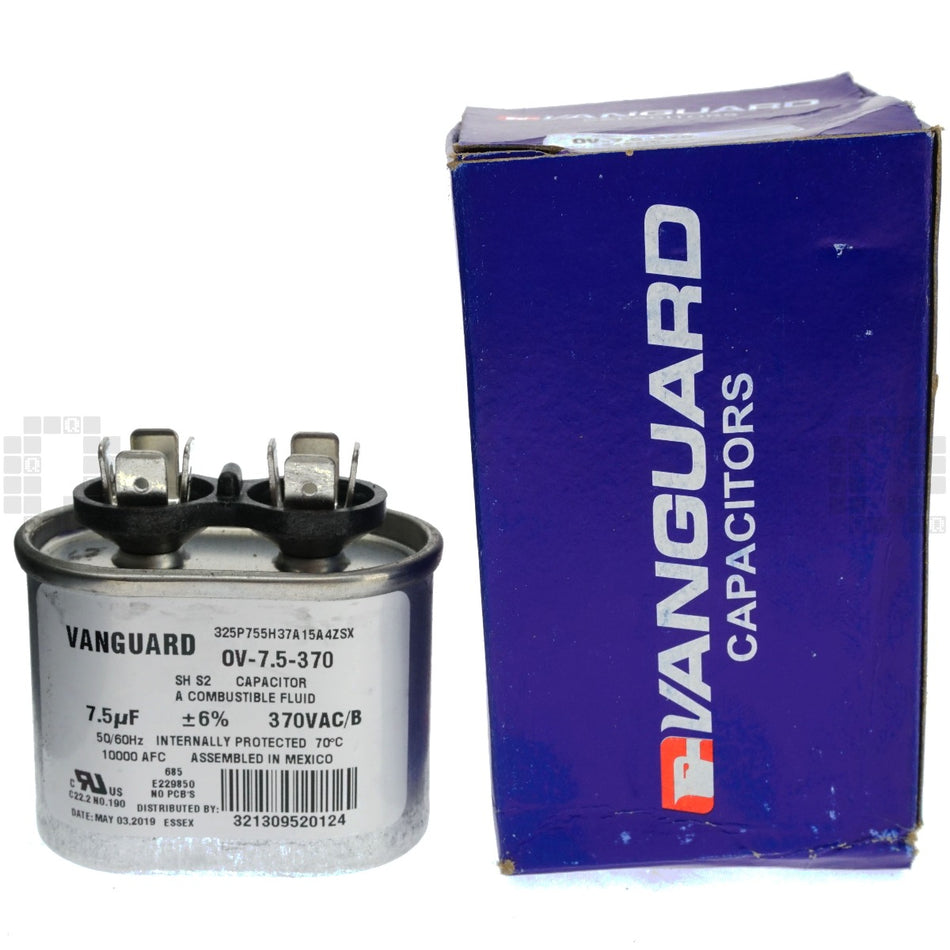 Vanguard OV-7.5-370 Electric Motor Run Capacitor, Oval, 7.5 uF, 370 VAC 50-60Hz