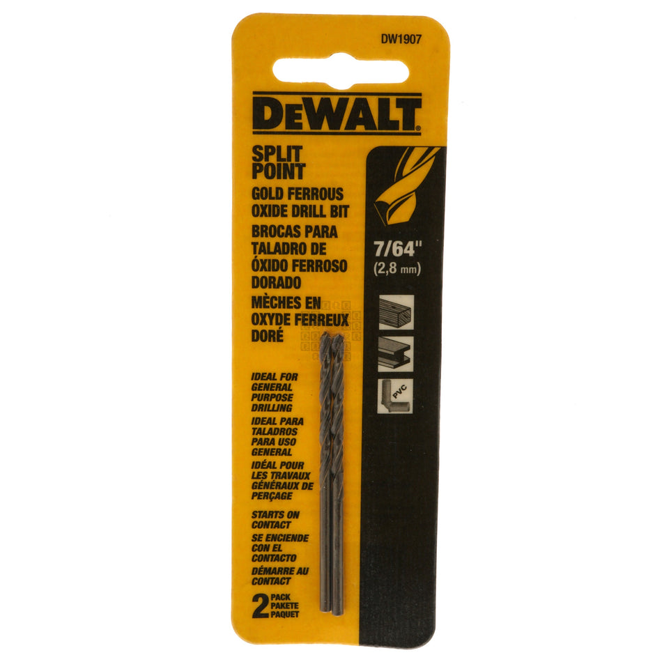 DeWALT DW1907 7/64" Split Point Gold Ferrous Oxide Drill Bit, 2-Pack