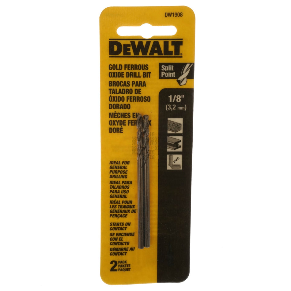 DeWALT DW1908 1/8" Split Point Gold Ferrous Oxide Drill Bit, 2-Pack
