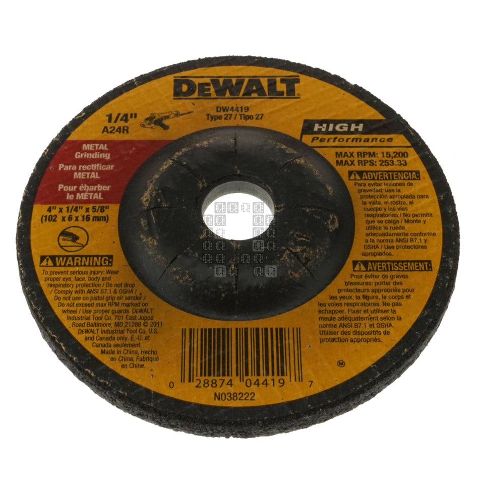 DeWALT DW4419 4" Diameter Aluminum Oxide Abrasive Metal Grinding Wheel, 1/4" Thick