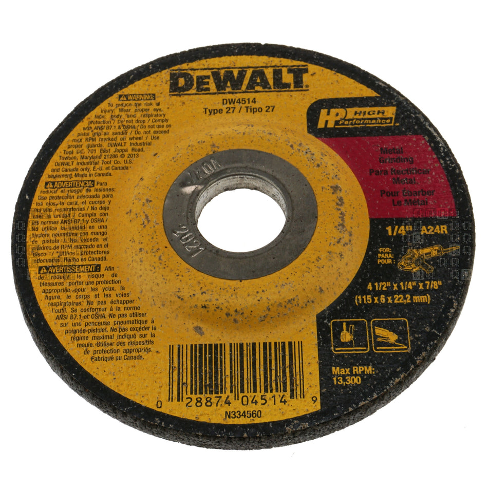 DeWALT DW4514 4-1/2" Type 27 Diameter Aluminum Oxide Abrasive Grinding Wheel, 1/4" Thickness