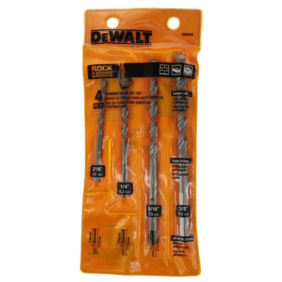 DeWALT DW5204 4-Piece ROCK CARBIDE Hammer Drill Bit Set, 3/16" 1/4" 5/16 & 3/8"