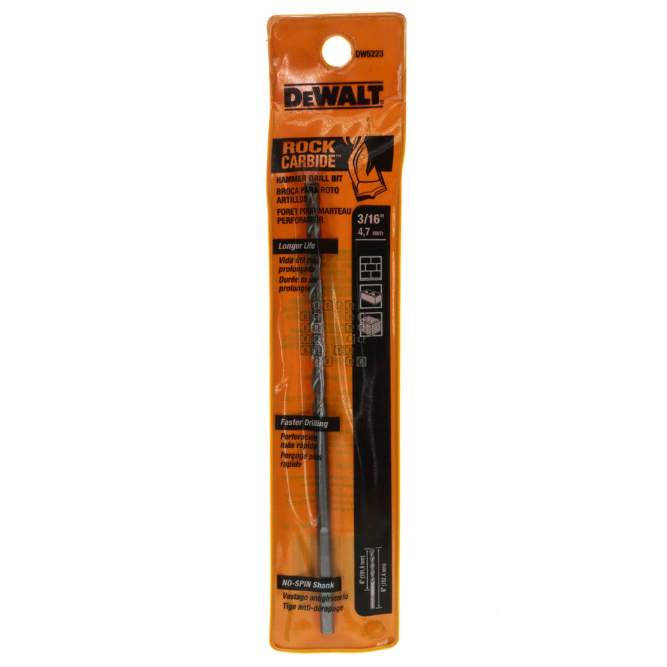 DeWALT DW5223 3/16" x 6" ROCK CARBIDE Hammer Drill Bit, 4" Flute Length