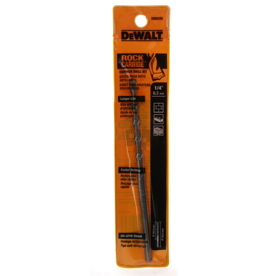 DeWALT DW5225 1/4" x 6" ROCK CARBIDE Hammer Drill Bit, 4" Flute Length