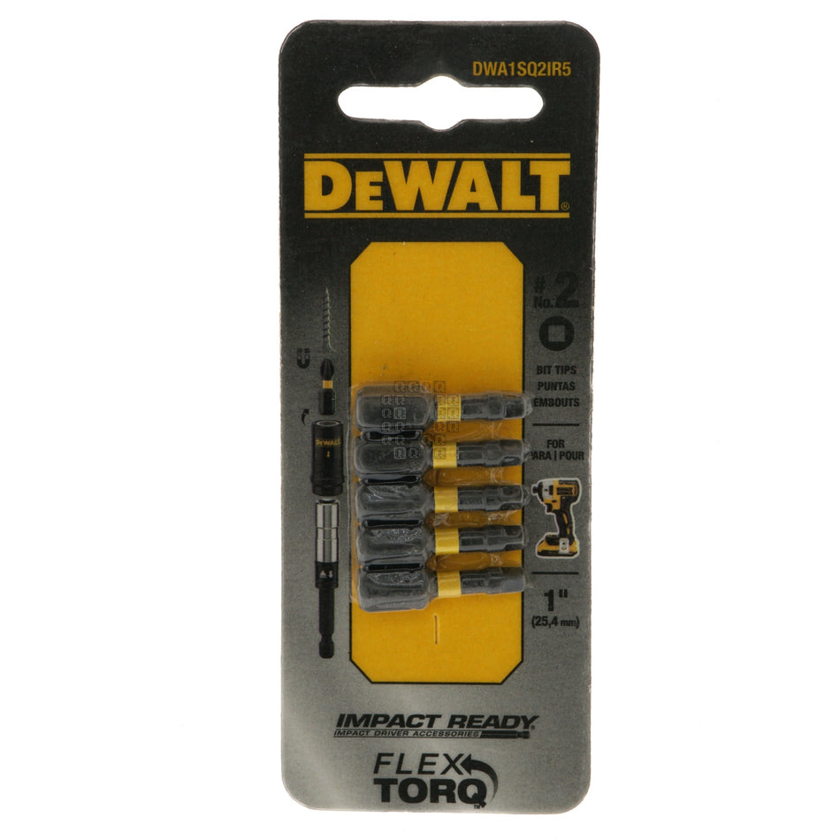 DeWALT DWA1SQ2IR5 SQ2 #2 Square Recess Impact Ready Bit Tips, 1" Length, 5-Pack