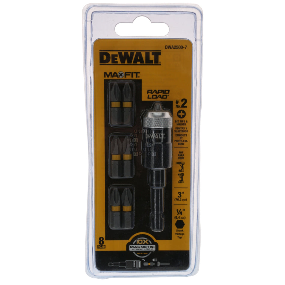 DeWALT DWA2500-7 RAPID LOAD MAX-FIT Bit Tip Holder with 7 PH2 #2 Phillips Bits, 3" Length